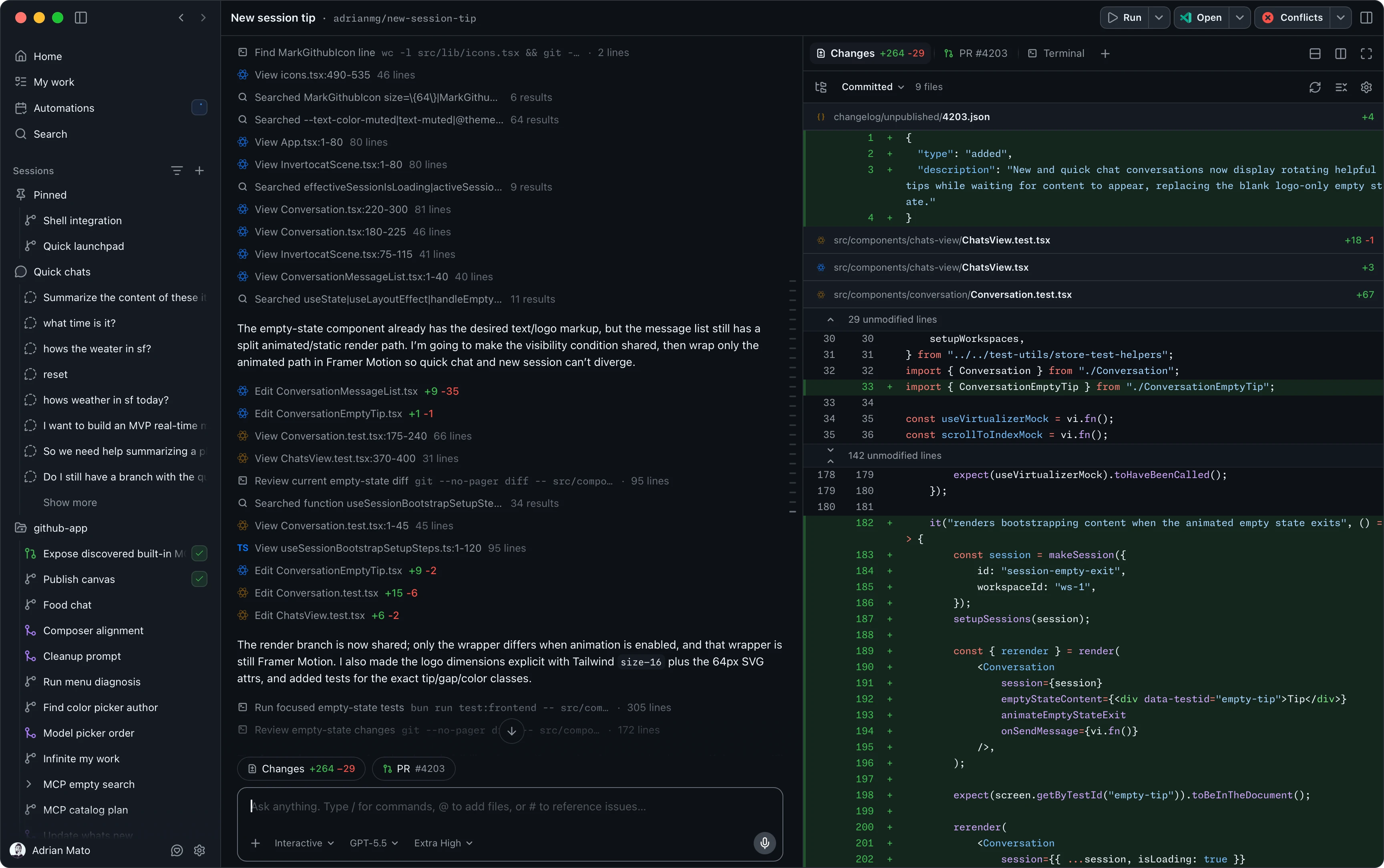 GitHub Copilot coding session and changes interface